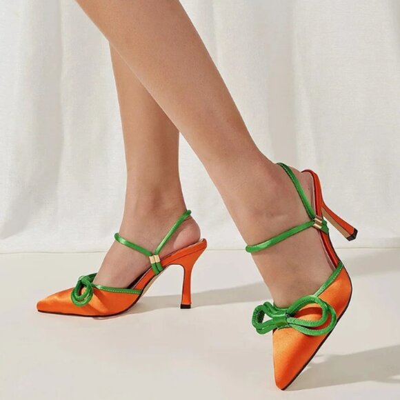 FSJ Elegant Orange & Green Satin Pointed Toe Bow Embellished Pumps Heels - Picture 1 of 8